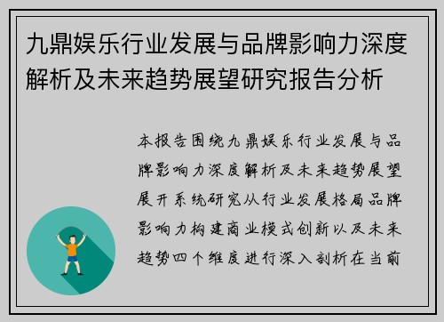 九鼎娱乐行业发展与品牌影响力深度解析及未来趋势展望研究报告分析